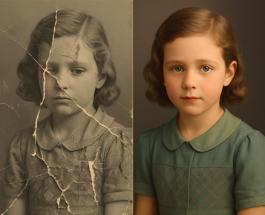 Before and after photo restoration - severely damaged vintage child photo restored and colorized