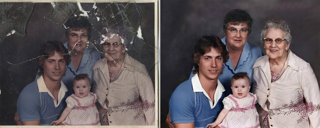 Before and after photo restoration - damaged family photo restored and colorized